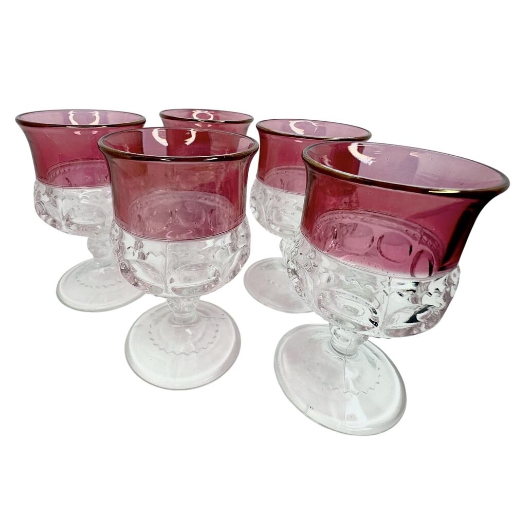 5 Tiffin-Franciscan King's Crown Cranberry Flashed (Top Only) Claret Wine Stems